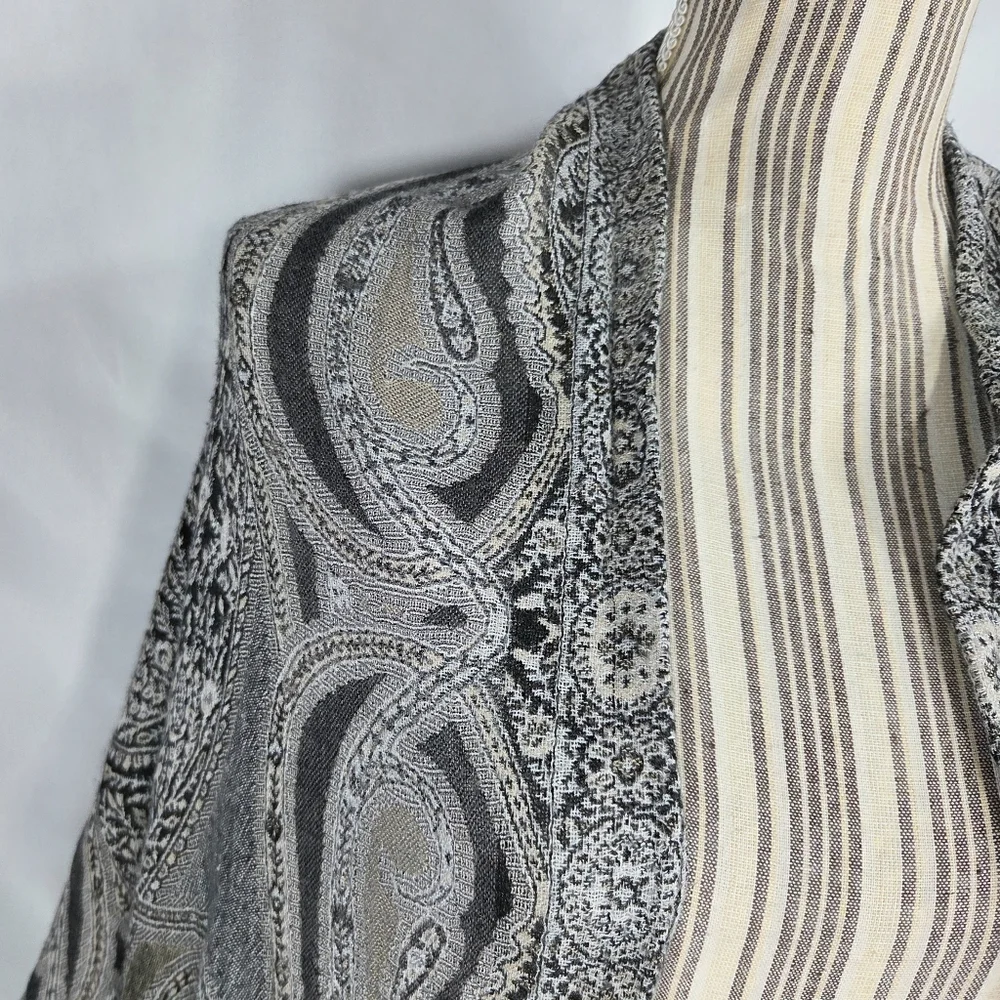 Designer Black & Off-White Shawl Scarf Wrap with Fringed Edges Very Soft